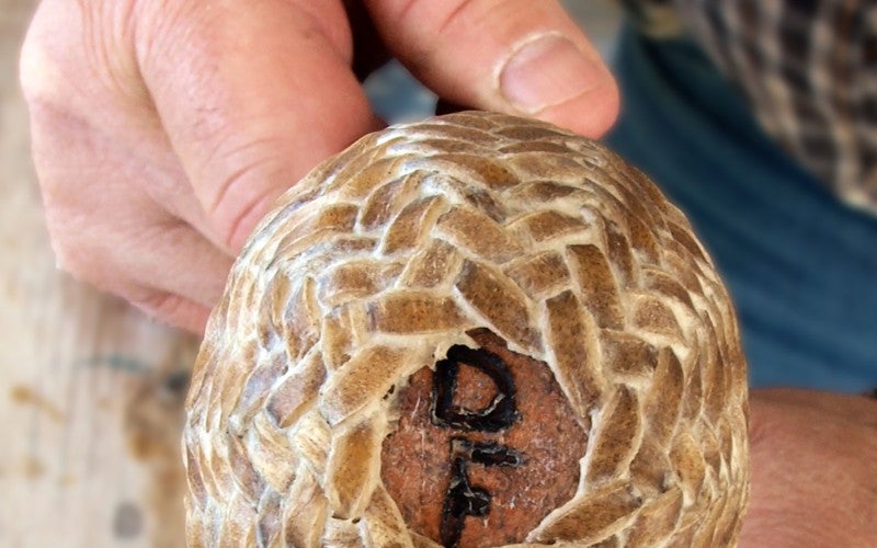 Dan holds a tan rawhide braided circular item with his initials "DF" drawn in the middle.